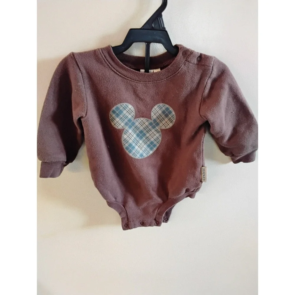 Disney Baby Mickey Mouse Plaid Silhouette Bodysuit Brown 6-9M Long Sleeve Romper